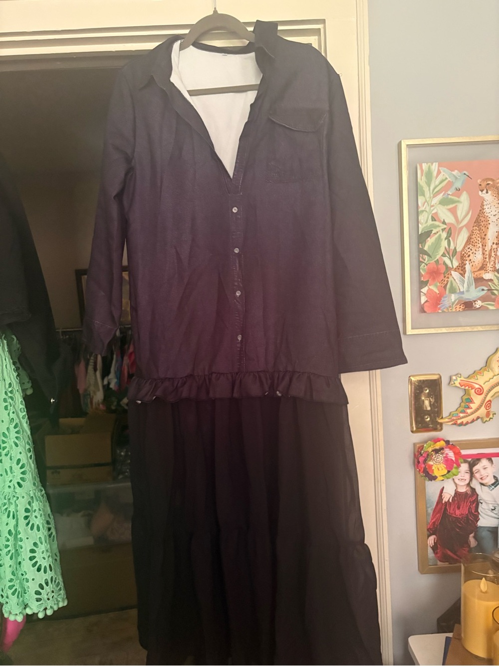 SHEIN Black Button-Front Ruffle Hem Dress